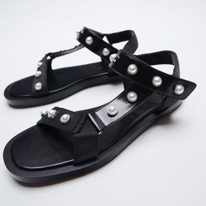 NWT Zara Black Dad Sandals with Beaded Pearls Thick Strap 7.5 38